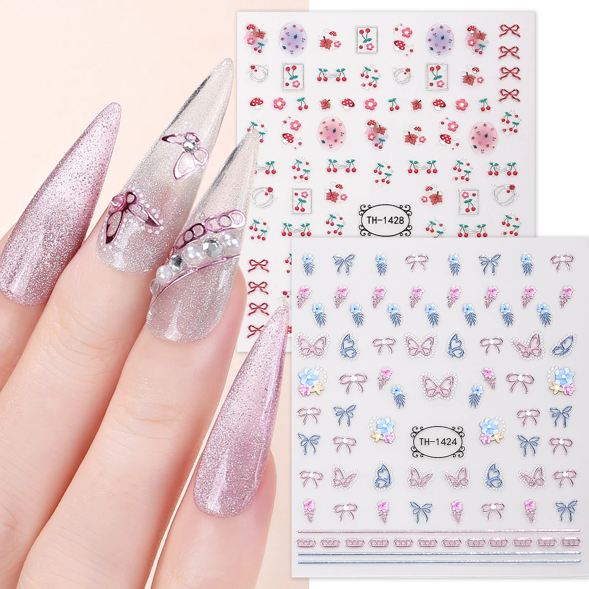 3D Creative Butterfly Cherry Nail Art Sticker Bow and Flowers Self-Adhesive Decals for Manicure Slider Nail Decoration DIY