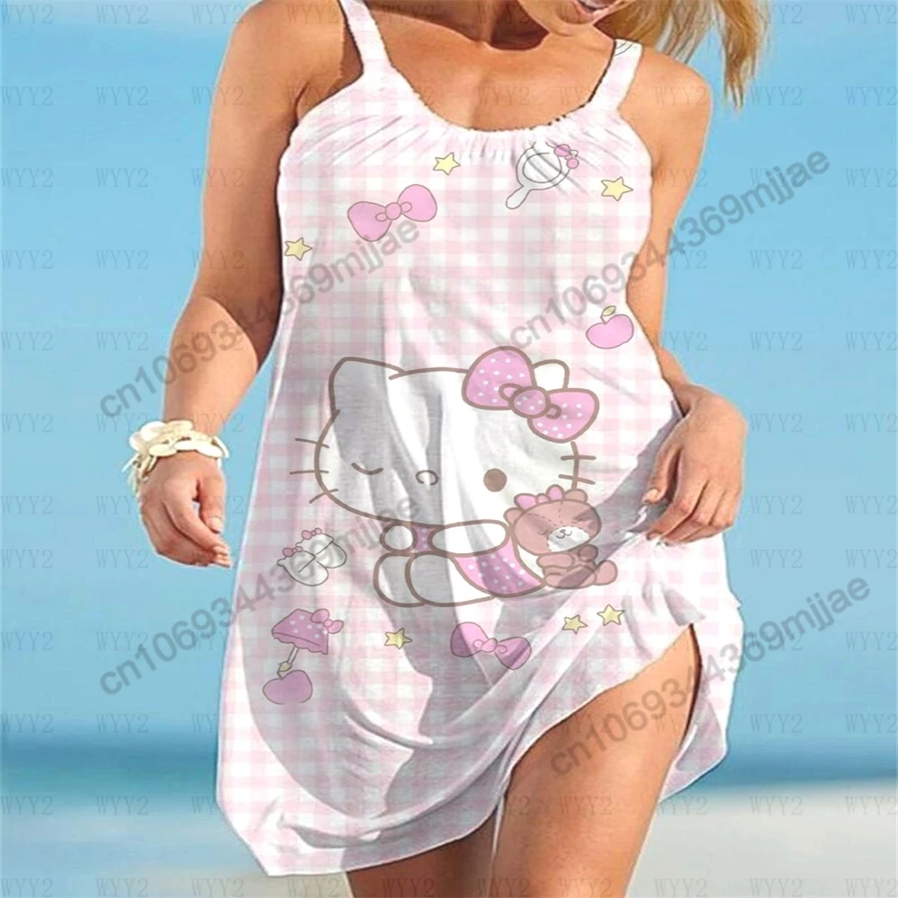 Hello Kitty-Robes de plage à col rond pour femmes, T-shirt Zevity, Haut d'été, Vêtements, Économie, Y2k, Y-for Women, 2023