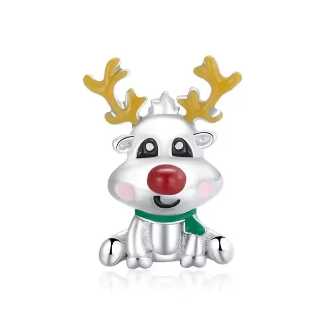 Cute Reindeer Metal Beads for Women 925 Sterling Plated Silver Charm Jewelry for Bracelet Bangle Christmas Gifts BSC375