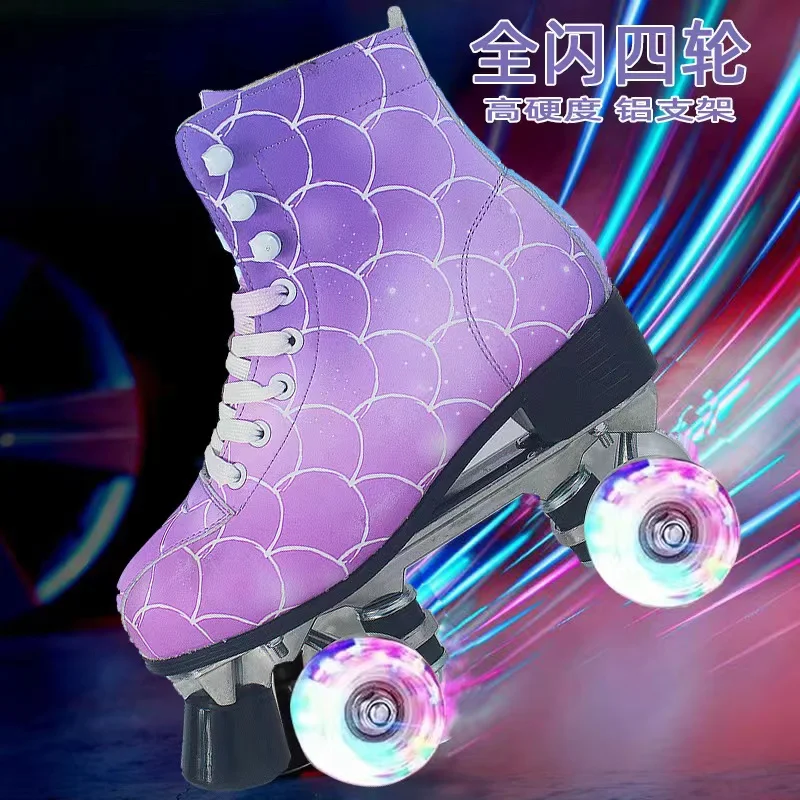 

Purple Leather Roller Skates Shoes, Patines, Sliding Inline, Quad Sneakers, Training, Europe Size Row, 4 Flash Wheels, 2023