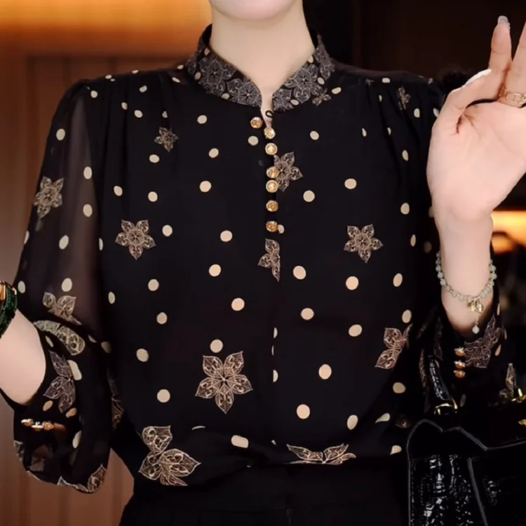 Fashionable and Stylish Polka-dot Petal Print Stand Collar Long-sleeved Pullover Shirt Spring and Autumn New Loose Slimming Top