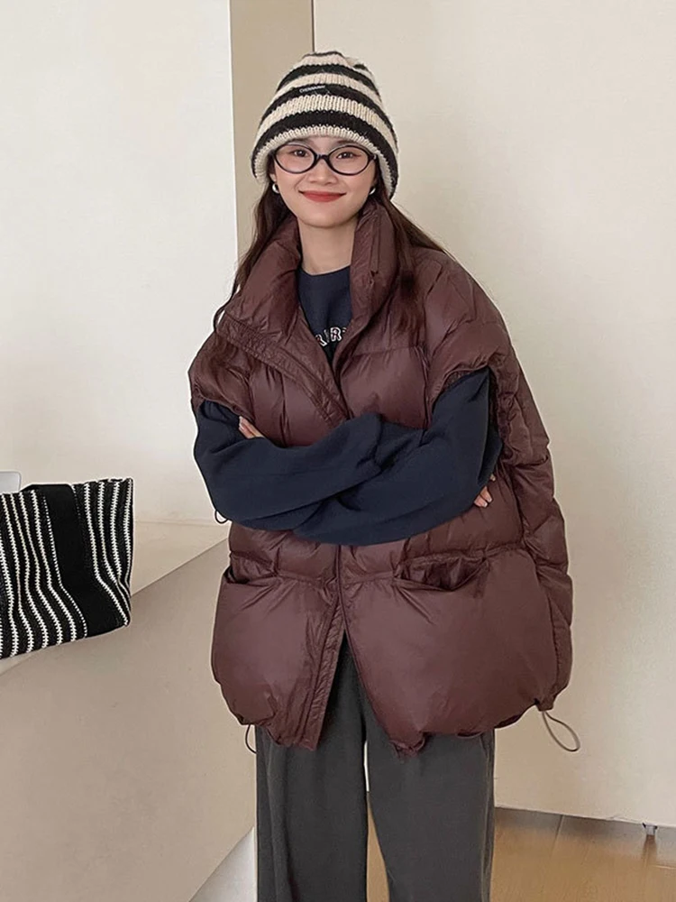 

Autumn Winter Puff Drawstring Stand Collar Down Vest Female Double Zipper Waistcoat Coat Women White Duck Down Sleeveless Vest