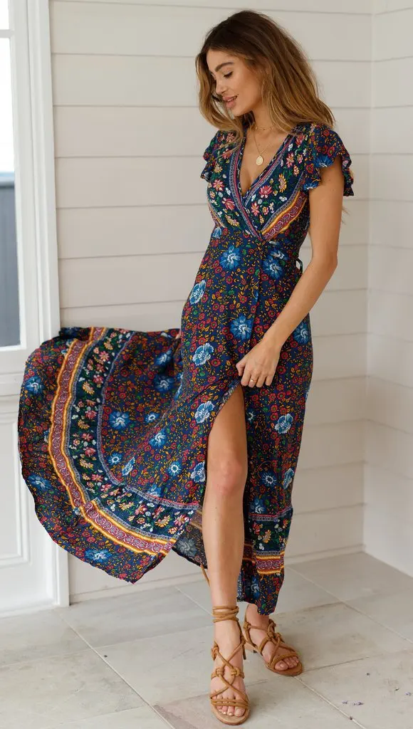 Summer Dress Women 2024 Short Sleeveless Casual V-neck Floral Print Boho Beach Long Dress S-3XL Sexy Split Party Robe