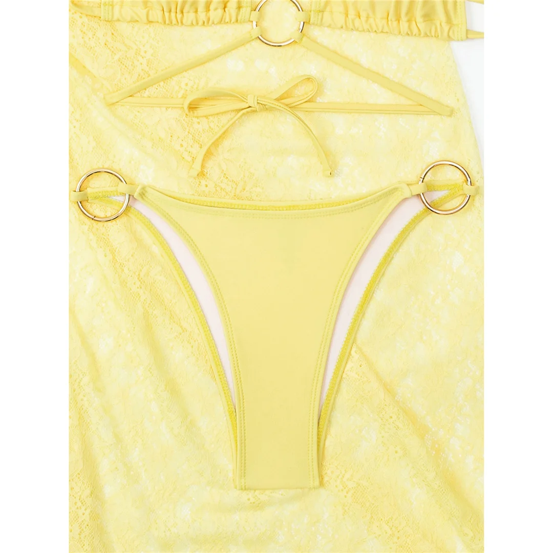 Neu mit Sarong-Neckholder-Bikini, Damen-Badebekleidung, dreiteiliges Bikini-Set, Badeanzug mit hohem Beinausschnitt, Badeanzug, Schwimmbekleidung V7612 – Detail 5