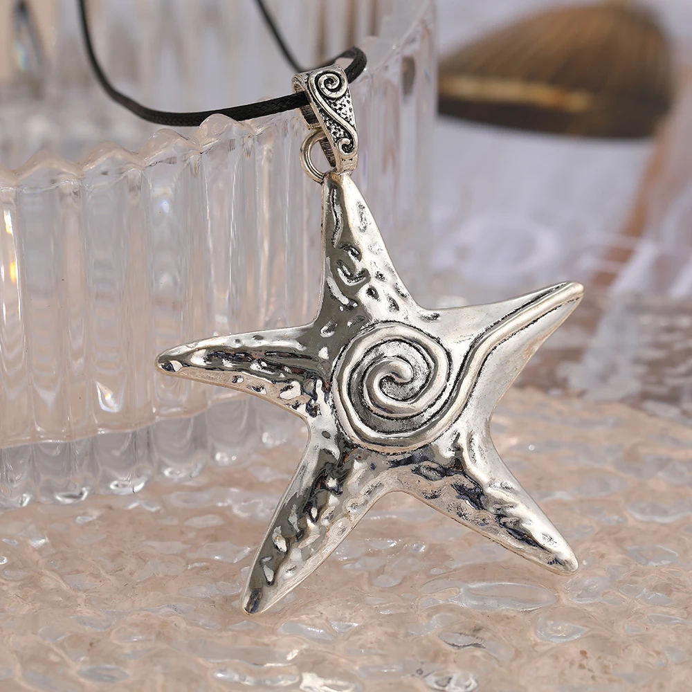 Punk Gothic Exaggerate Metal Irregular Pentagram Star Glazed Starfish Pendant Necklace for Women Girl Y2K Jewelry