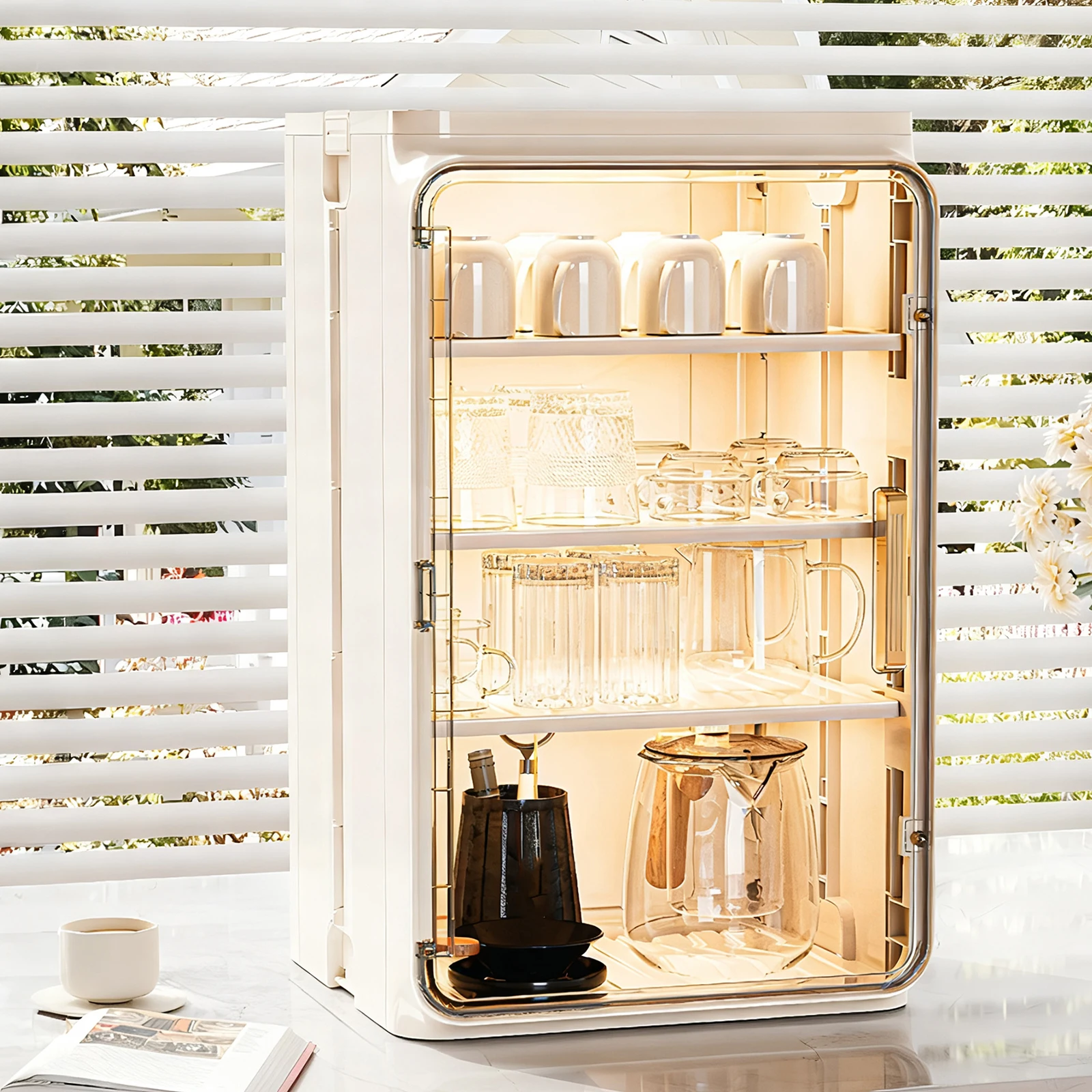 

Stackable Plastic Mini Storage Cabinet with Doors and Shelves Desktop Storage Display Shelf for Office Kitchen Coffee Bars