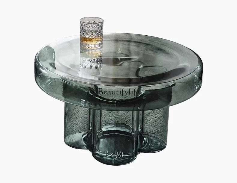 

13Modern art round size coffee table small apartment amber petal glass edge table