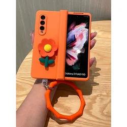 3D Cute Flower Hard Phone Cover For Samsung Galaxy Z Fold 7 6 5 4 3 5G Portable Bangle Hang Silicone Big Ring Orange Hinge Case