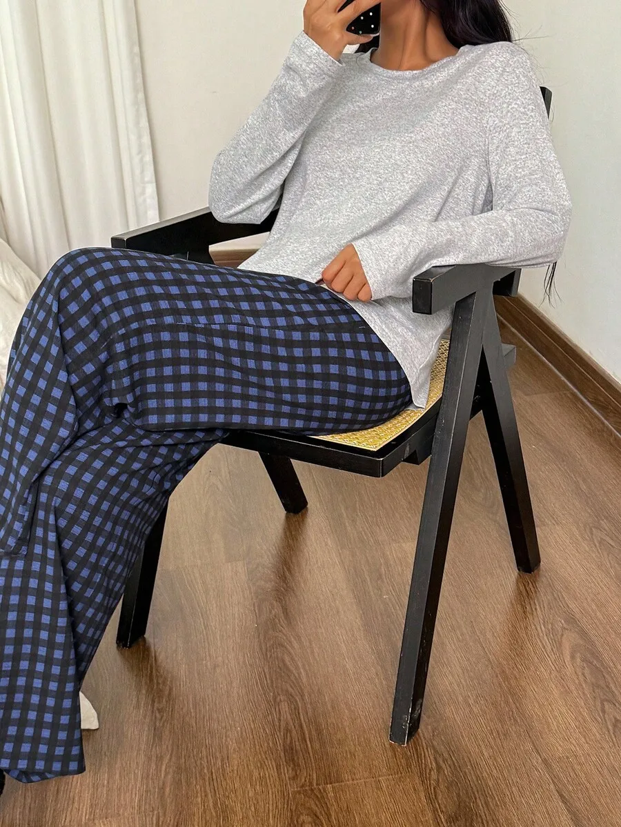 Women Loose Round Neck Long Sleeve Top And Plaid Pants Pajama Set Sleepwear Cozy Elegant Fall Winter
