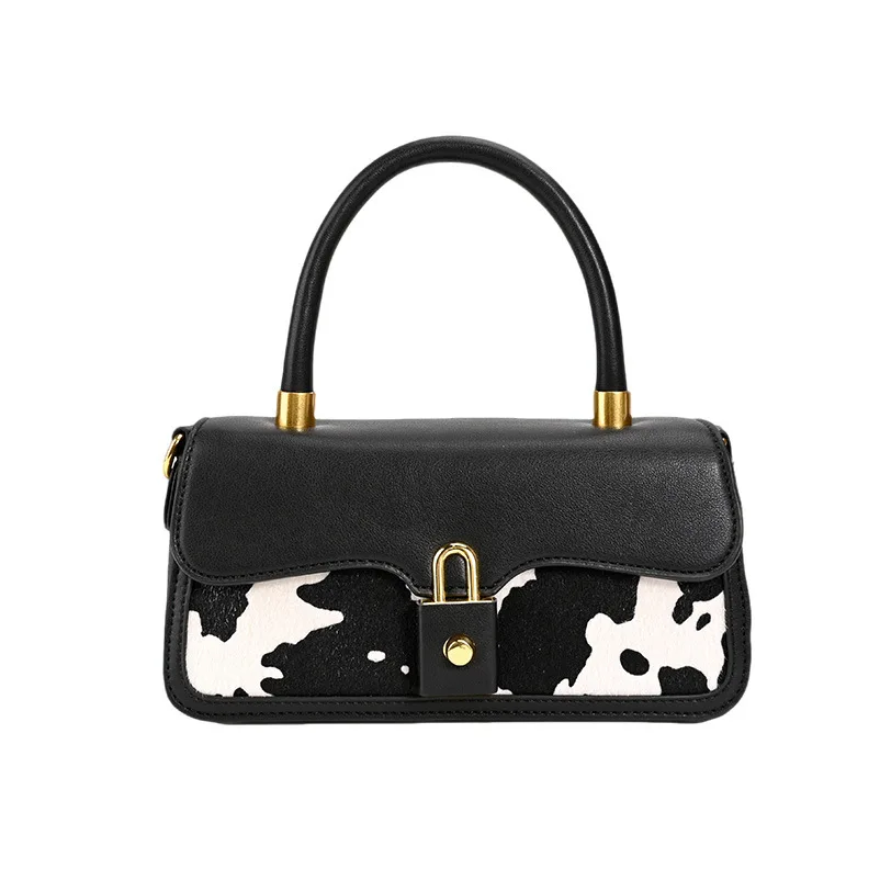 

women vintage handbag fashion cow pattern top handle bag daily commuter pu leather tote bag versatile lock purses simple bags