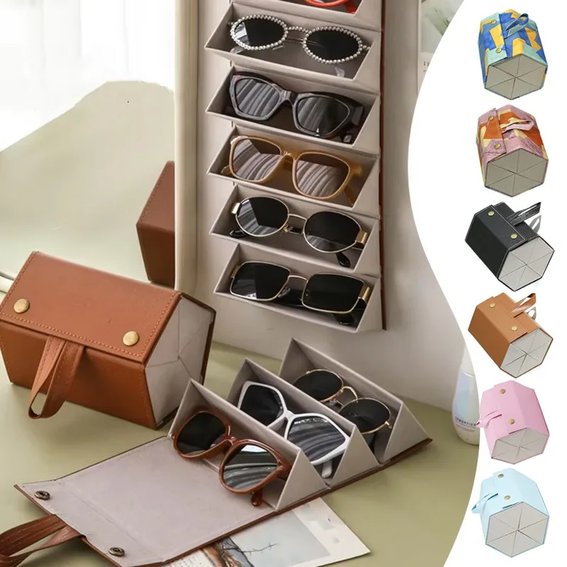 

1PC Portable Foldable Glasses Organizer PU Leather Multi Slot Storage Case for 2/3/4/5/6 Sunglasses Display Travel Home Storage