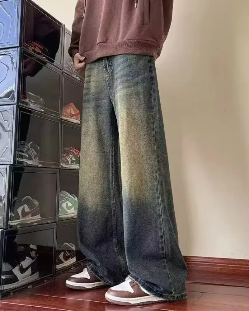 جينز جديد ذو سكين منحني للرجال بنطال جينز أمريكي عتيق مغسول بأرجل واسعة للفصول الأربعة فضفاض مستقيم الساق يشعر جينز الشارع