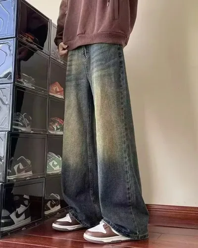 Imagen 1 del producto Nuevos pantalones vaqueros con cuchillo doblado para hombre, pantalones de pierna ancha desgastados lavados retro americanos, pantalones vaqueros holgados de pierna recta feelin Street para las cuatro estaciones