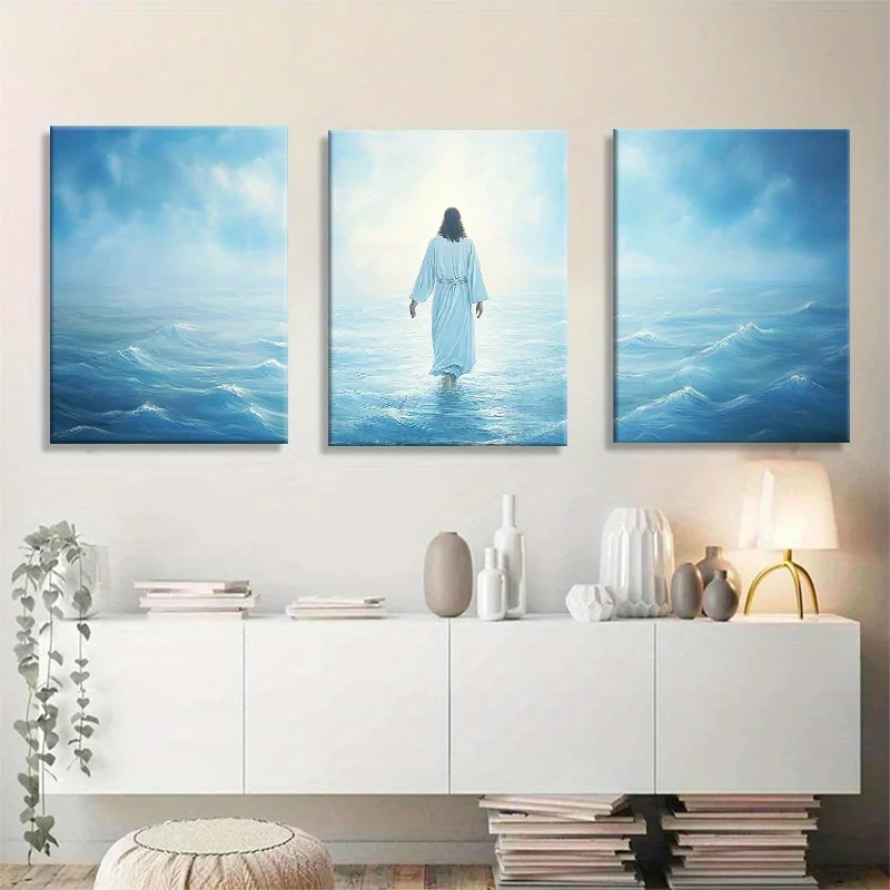 (No frame)2D Flat 3pcs Spiritual Religious Jesus Walking on Water Wall Art Print Flat Canvas Painting Modern Blue Sea Artwork