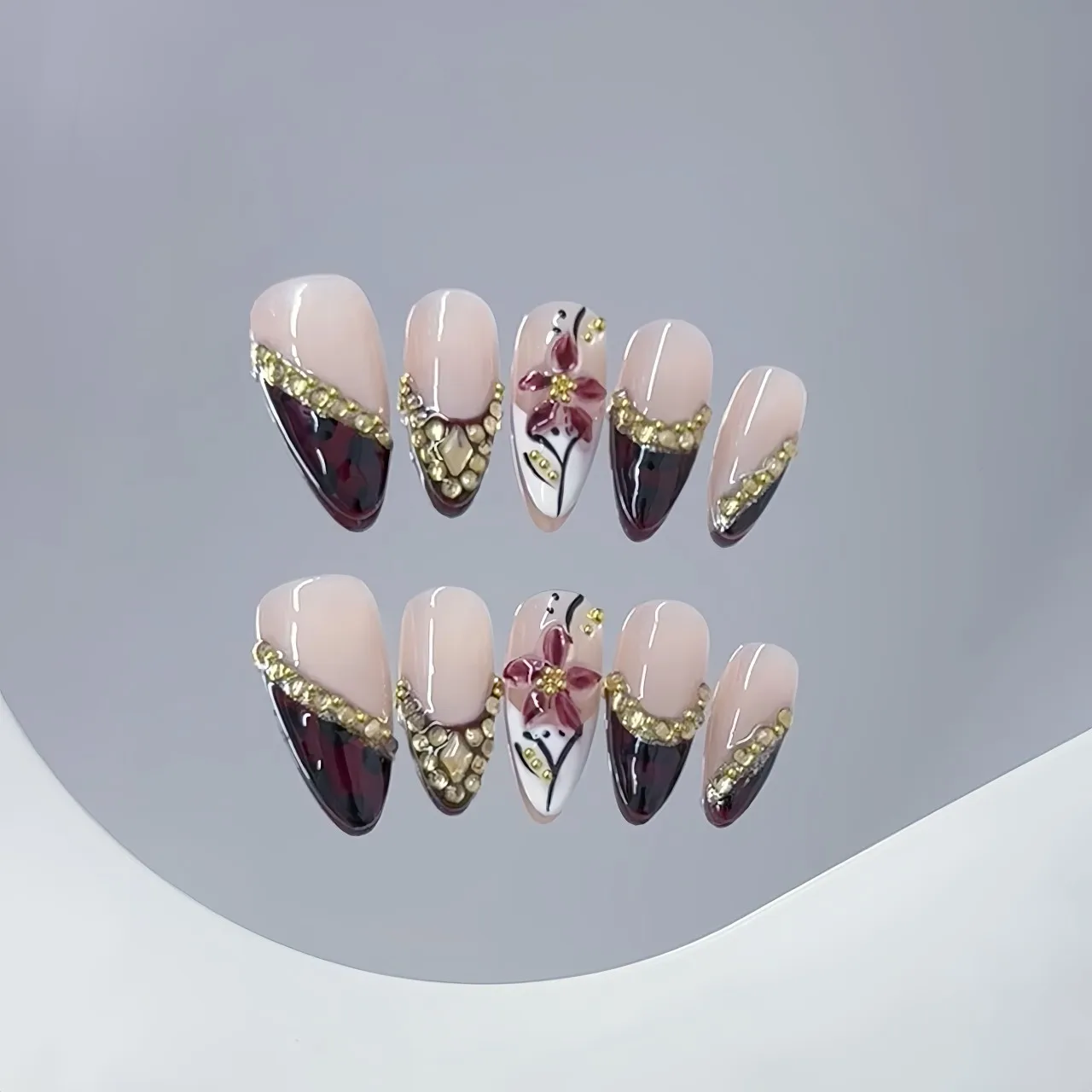 10 pièces à la main amande presse sur ongles imprimé léopard français strass 3D sculpture fleur conception douce Cool faux ongles portable ongles