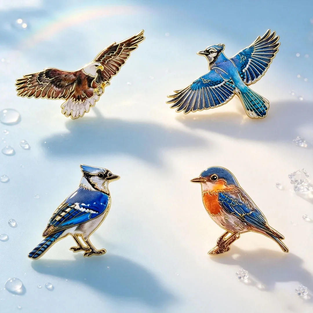 Realistic bird brooch, eagle sparrow crown blue crow bird metal badge, forest cute animal brooch with accessories