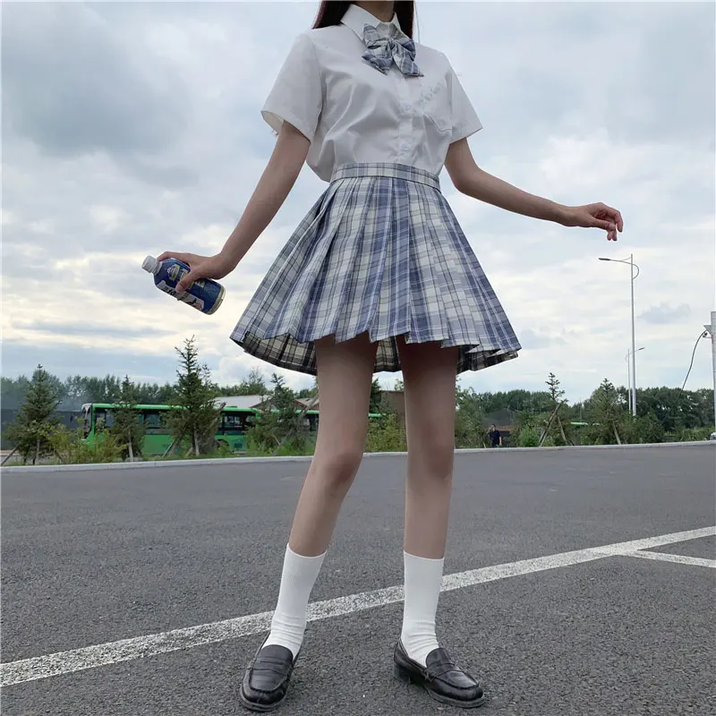 Japanese Uniform Korean School Jk Uniform Shirt Plaid Skirt Set South Korea Students Short Sleeve Pleated Skirt Set Girl Seifuku