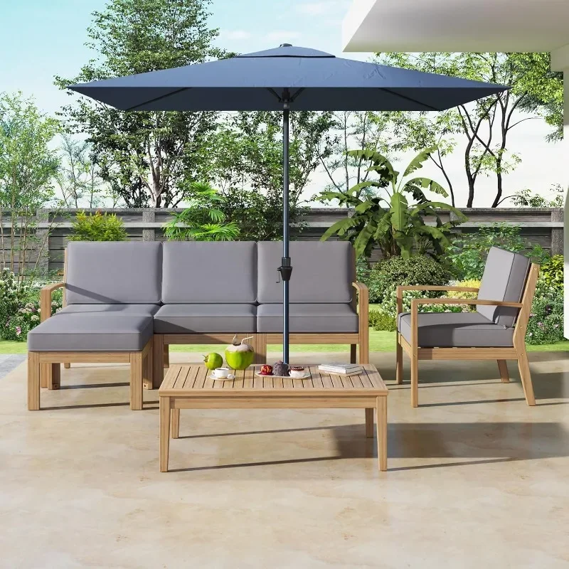 Coffee Table & Removable Cushion, Acacia Wood Frame Couch w/Armrests Chairs, for Patio, Garden, Courtyard, Backyard