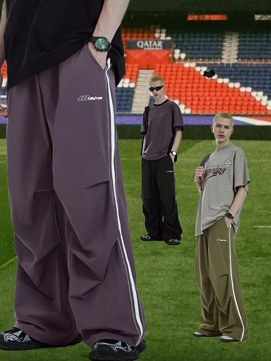 

Мужские ретро-спортивные повседневные брюки с широкими штанинами, с парашютным принтом, весна-лето, новинка, с декоративной строчкой, в городском стиле