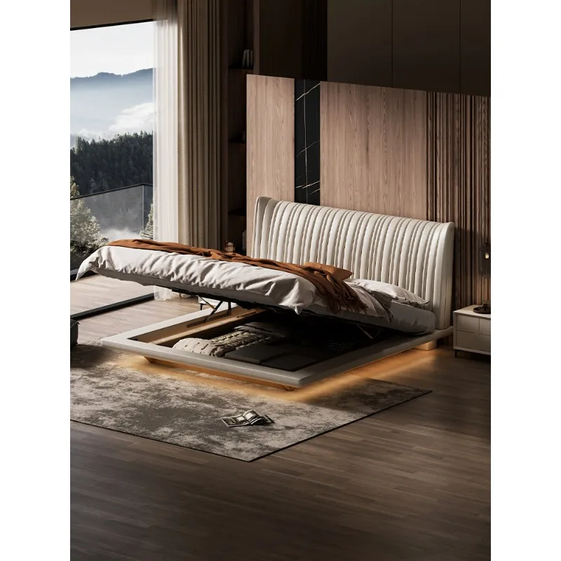 light luxury leather first layer cowhide high box storage double bed 1.8 meters master bedroom modern shell suspension bed PF