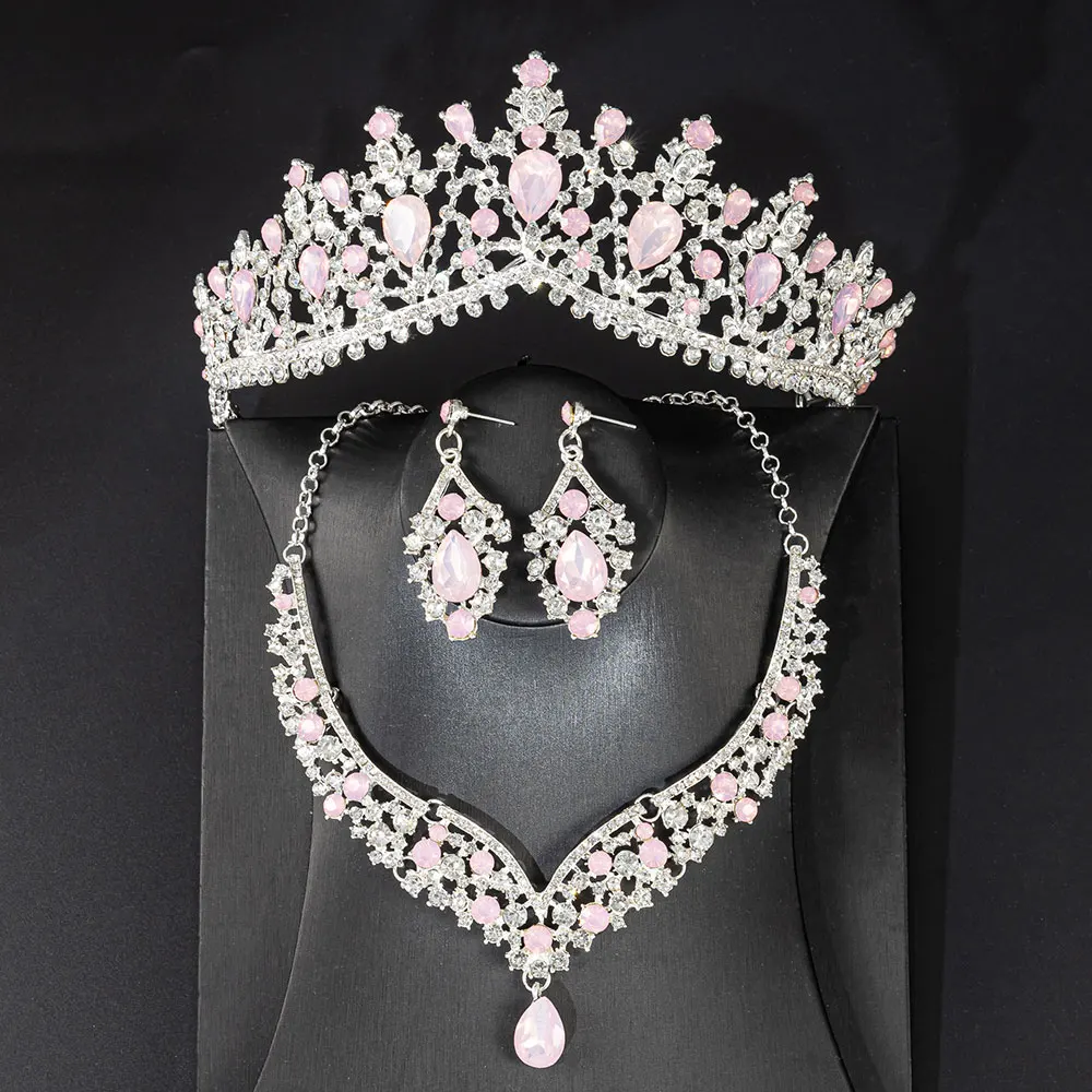 KMVEXO Gorgeous Crystal Opal Bridal Jewelry Sets Fashion Tiaras Earrings Necklaces Set for Women Wedding Dress Crown Jewelry Set view 5
