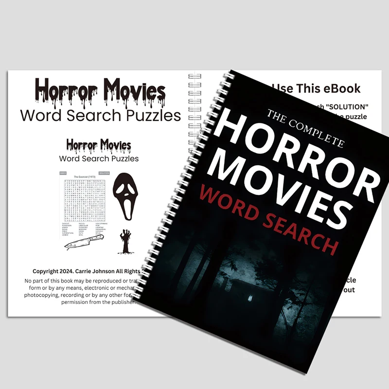 Filmes de terror Búsqueda de palavras: Livro de quebra-cabeças de filmes de terror Livro temático de terror para presentes de fãs de filmes de terror