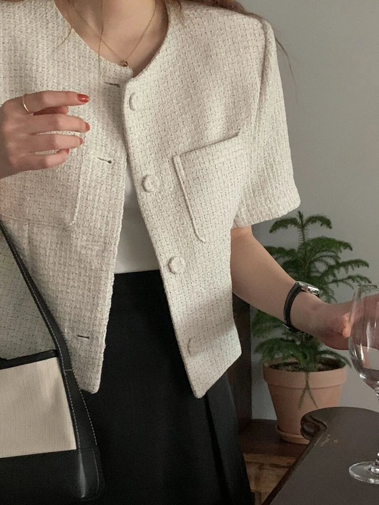 봄 초 플래드 반팔 여성 겉옷 루즈핏 오픈 가디건 탑 통근 스타일 패션 디자인 캐주얼 겉옷