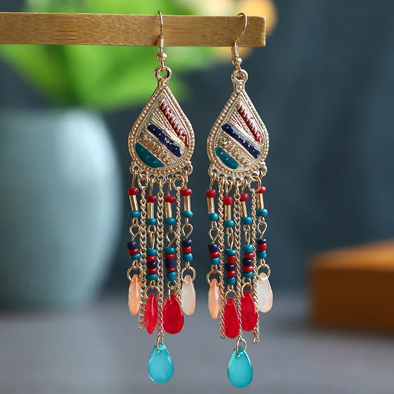 Fashion Bohemian Long Earrings For Women Handmade Tassel Chain Beads Enameled Teardrop Dangle Earrings Jewelry Pendientes Mujer