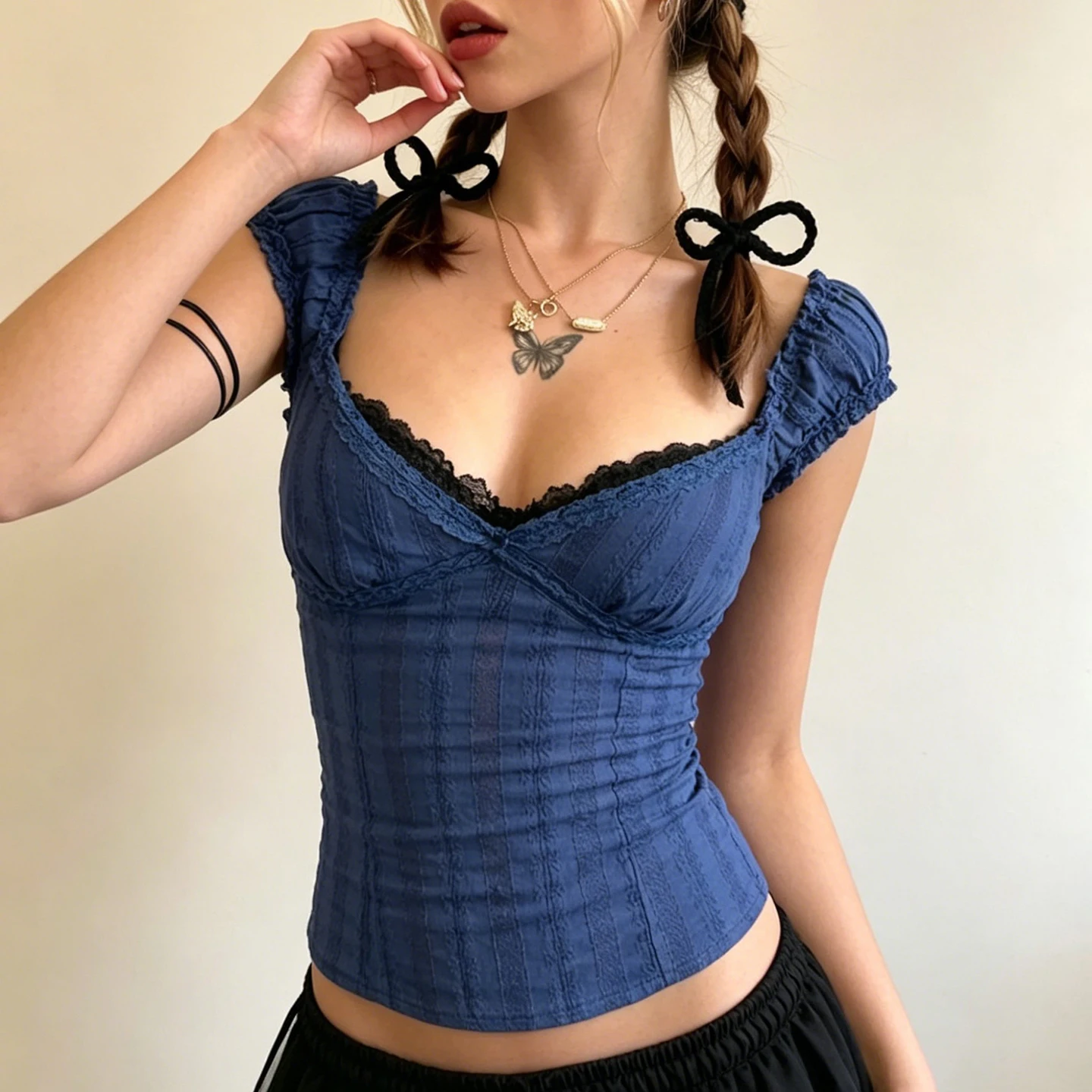 [RUOKE] Coquette Lace Trim Top Women Y2K Low Neck Puff Sleeve Slim T-shirt Fairy Grunge Vintage Cute Summer Top Valentine's Day