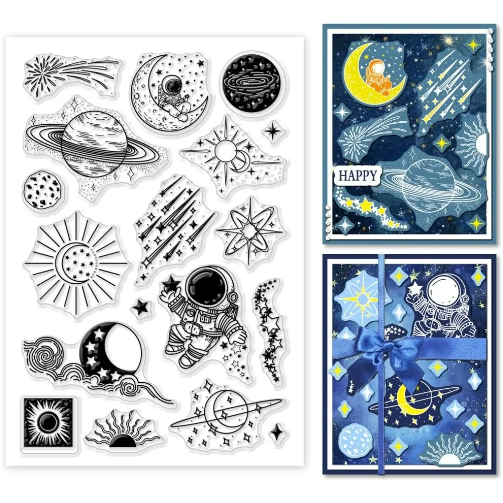 Astronaut Clear Stamps for Card Making Moon Clear Silicone Stamp Star Transparent Craft Seal Stamp Nebula Rubber Stamp