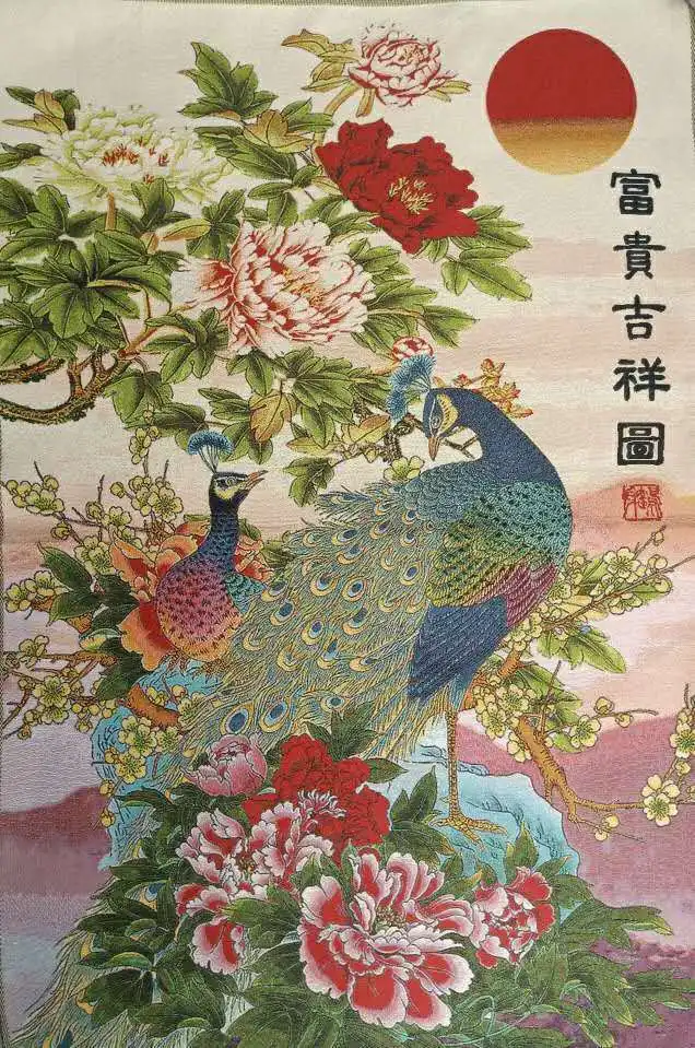 

36“ Chinese Cloth Silk Pretty Flower Peony Peacock Lucky Thangka Painting Mural