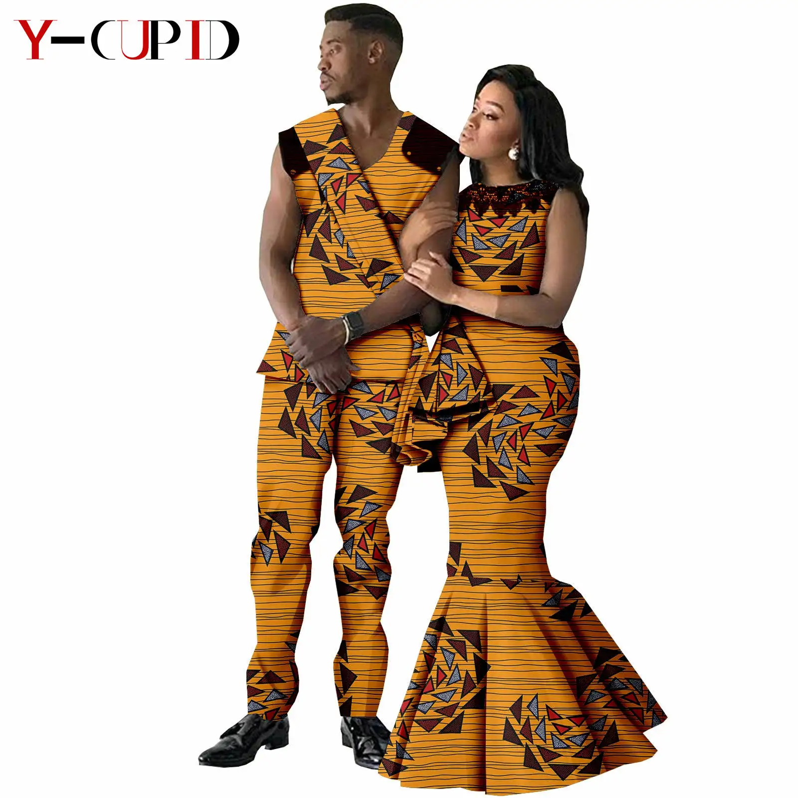 Roupas africanas para casais, roupas dashiki, mulheres, estampa sereia, vestidos longos, combinando, masculino, conjuntos de top e calça, bazin rico a21c001