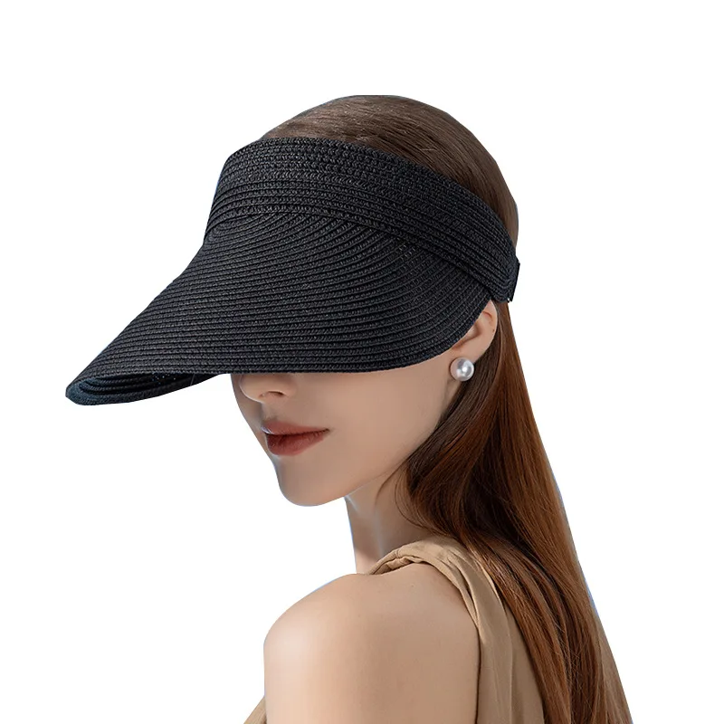 UPF50+ Wide Brim Visor Hat for Women Straw Beach Sun Visor Foldable Ponytail with UV Protection