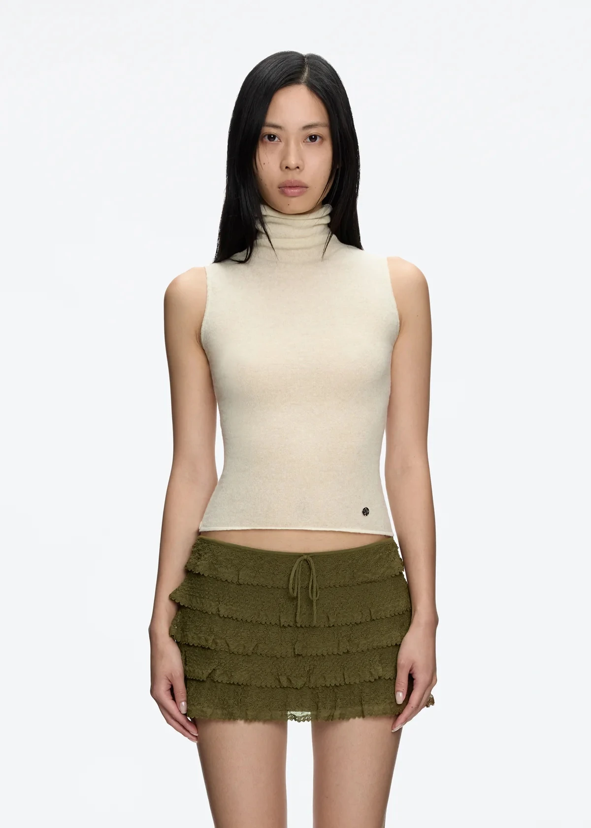 

Майка абрикосового цвета с высоким воротником, вязаная майка без рукавов Bella Same, трикотажная рубашка с тонким сверкающим топом из пряжи