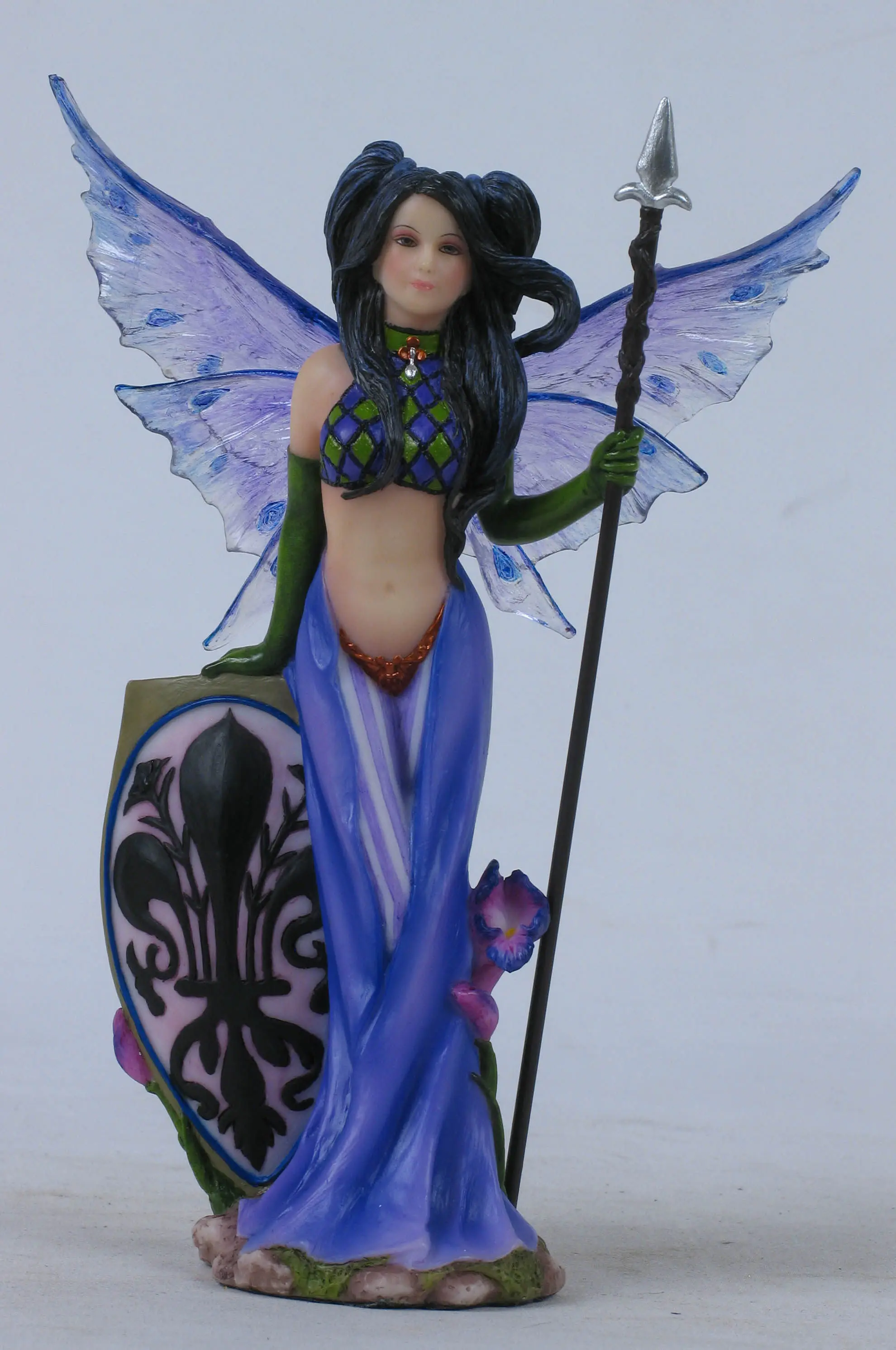 Blue Winged Warrior Fairy Resin Figurine Fantasy Shield Spear Magic Elf Statue Gothic Fairy Home Desktop Decorative Ornament
