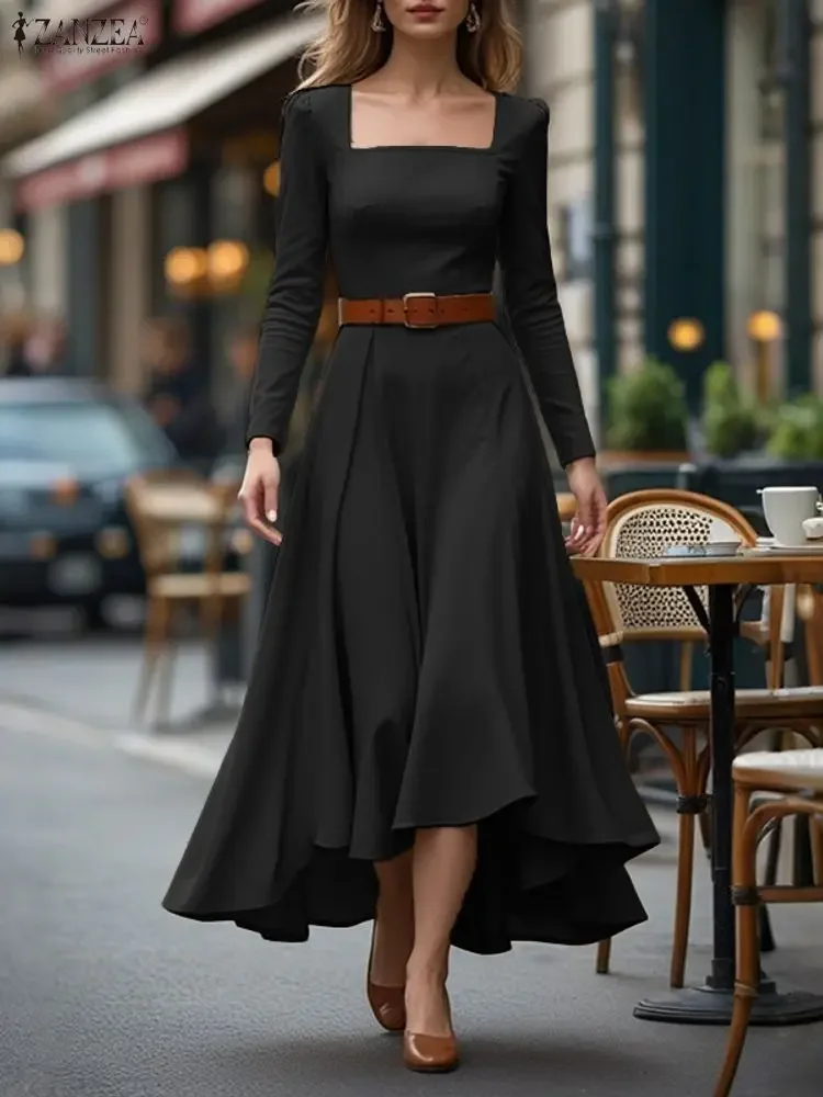 

ZANZEA 2025 Elegant Women Party Vestidos Long Dress Autumn Long Sleeve Square Collar Solid Sundress Fashion Asymmetric Maxi Robe