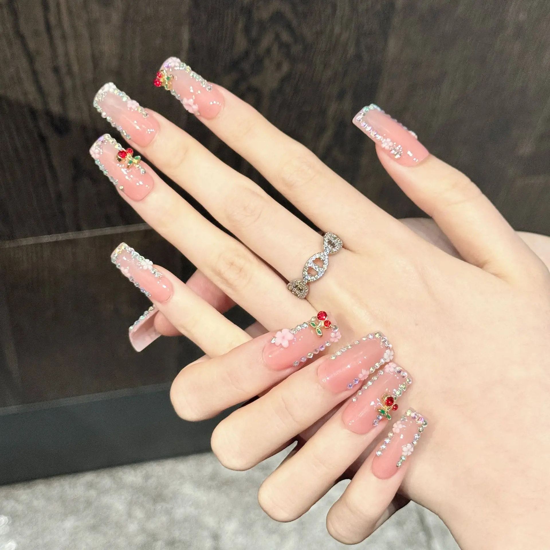10PCS Luxury Handmade Nail Art Cherry Sweet Crushed Ice Transparent Nude Pink 3D Cherry Glitter Border