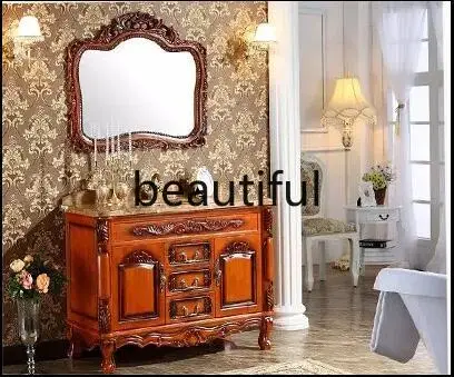 

European oak bathroom cabinet solid wood antique, carved mirror cabinet combination marble washstand