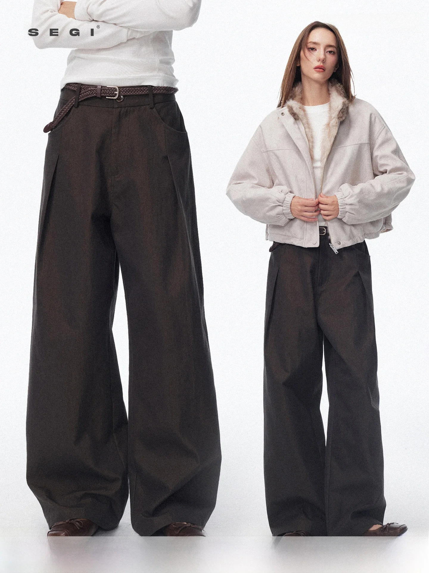 

SEGI Original Design Early Spring Double Color Black Gold Pocket Pleated Wide Leg Pants Women's High-End Straight Casual Trou...