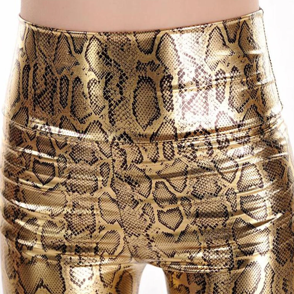 ليغنغز نسائي من الجلد الصناعي ، بنطلون قصير ، بنطلون ضيق ، خصر مرتفع ، نمط فهد ، لامع ، رطب ، طباعة لامعة ، تمدد ، مثير