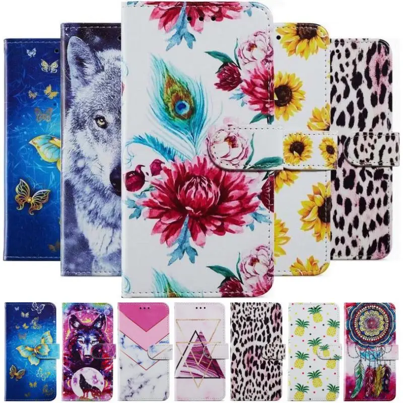 Leather Mobile Phone Case For Motorola Moto E7 Plus E13 E20 E22 E32S E30 E40 One Action Fashion Wolf Marble Painted Coque E18E