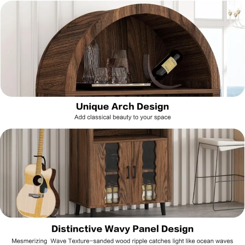 Farmhouse Arched Wine Bar Cabinet with 15 Bottle Rack and 16 Glass Holder Tall Liquor Storage Display for Living Room Dining