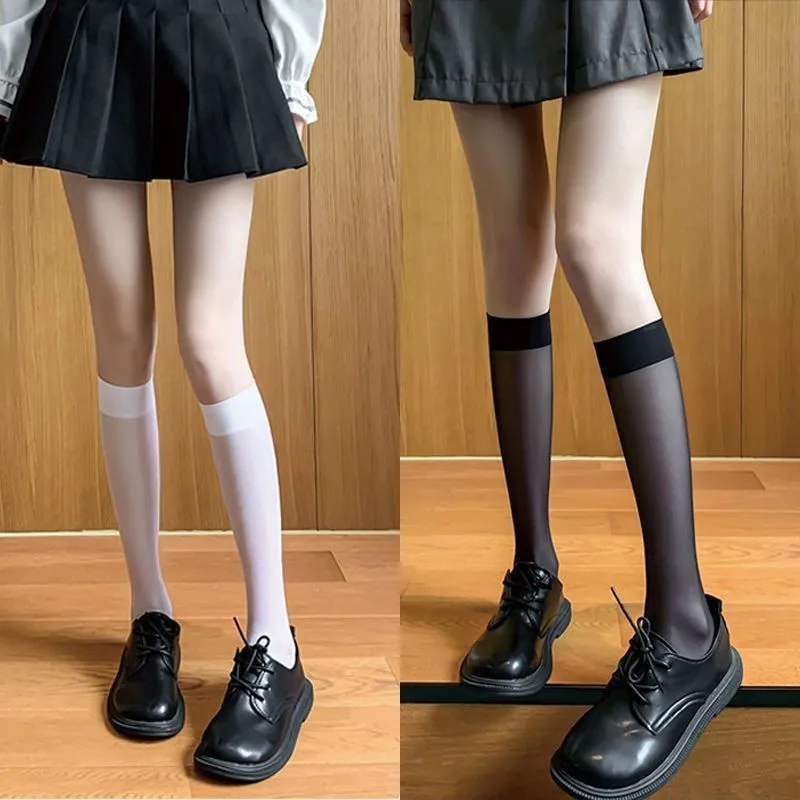 1/2/10pair Lolita Silk Socks Knee Socks Tube Jk Girls Socks See Through White Black Long Socks Lolita Nylon Knee Lolita Stocking