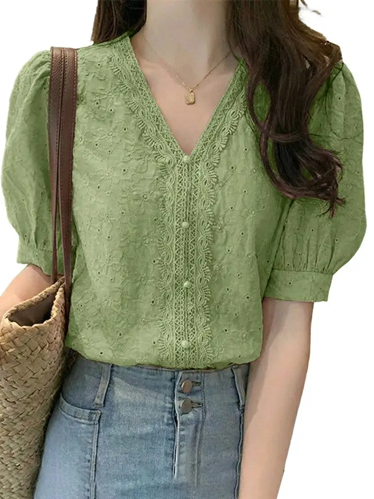 Stylish Summer Lace Patchwork Blouse 2026 ZANZEA Women V Neck Short Sleeve Holiday Tops Elegant Hollow Out Work Shirt Oversize