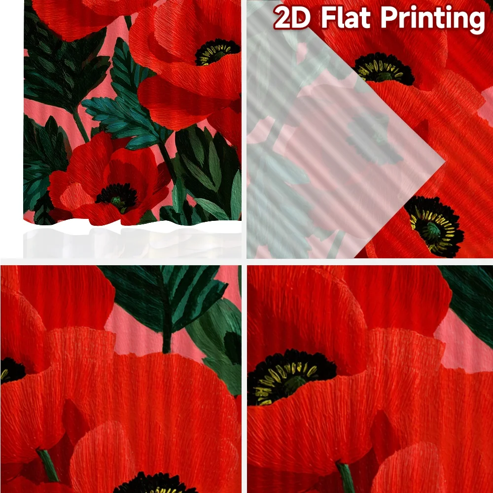 2D Flat Printing,2pcs Floral Red Poppies on Pink Chic Pattern Curtains Polyester Curtains Holiday Suitable for digital printing