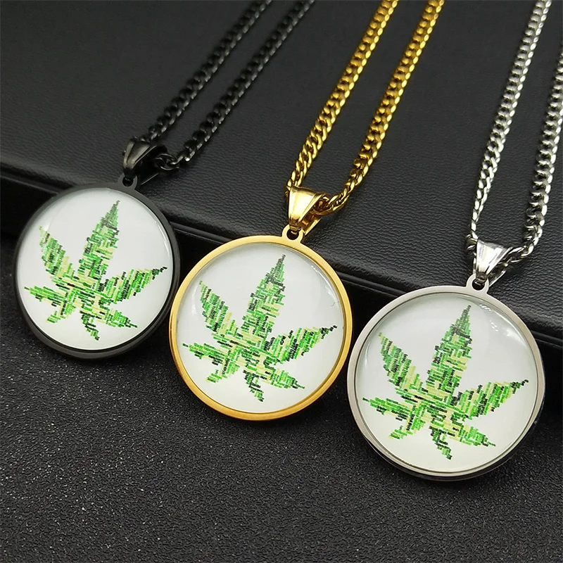 

Words Maple Leaves Round Shape Necklace Glass Pendent Women Men Stainless Steel Gold Color Chain Meaningful Gifts JewelryBL57-1