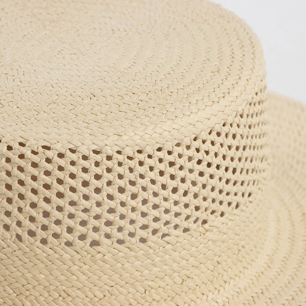 Fashion Women Beige Straw Fedora Hats Ladies Wide Brim Summer Hat Hand Woven Hollow Straw Sun Hat for Derby Travel Beach Hat