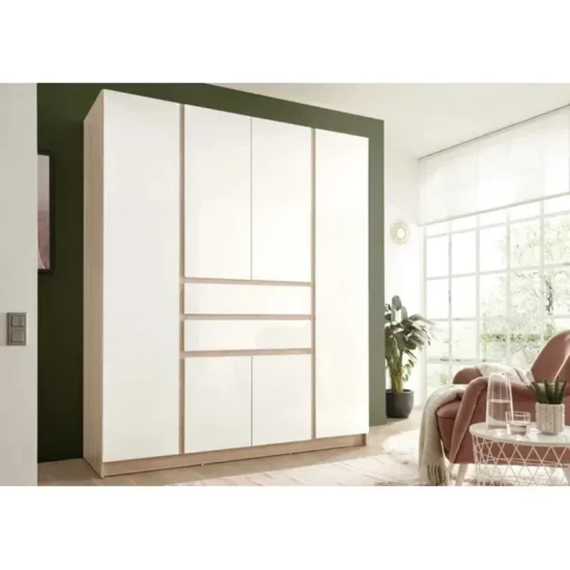 Armário de móveis eficiente e de alta qualidade com 6 portas de carvalho e guarda-roupa branco brilhante com 2 gavetas para quarto