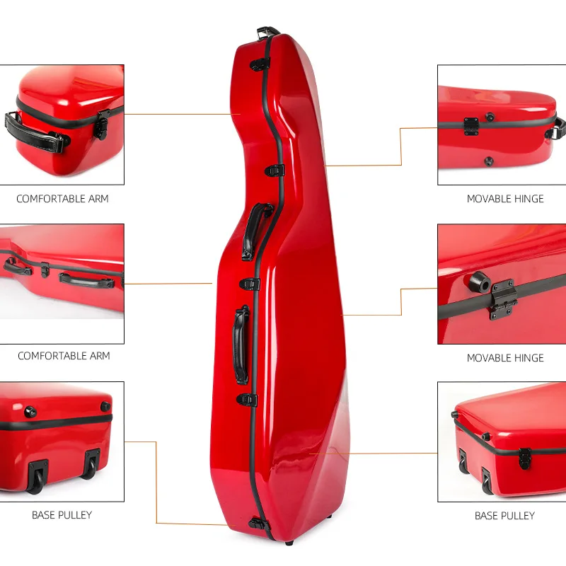 4/4 Full Size Cello Case, Fiberglass Hard Shell, Waterproof Shockproof, White Glossy Finish, Protective Instrument Box