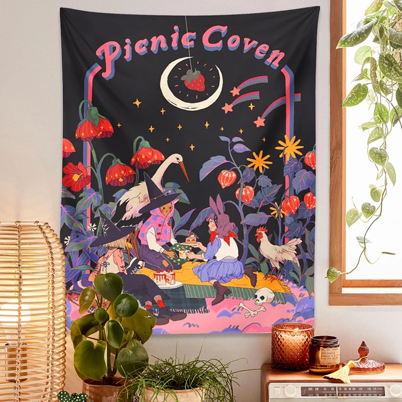 Picnic Coven Tapestry Wall Hanging Starry Psychedelic Forest Cartoon Fairy Tale Mushroom Moon Boho Room Bedroom Home Decor